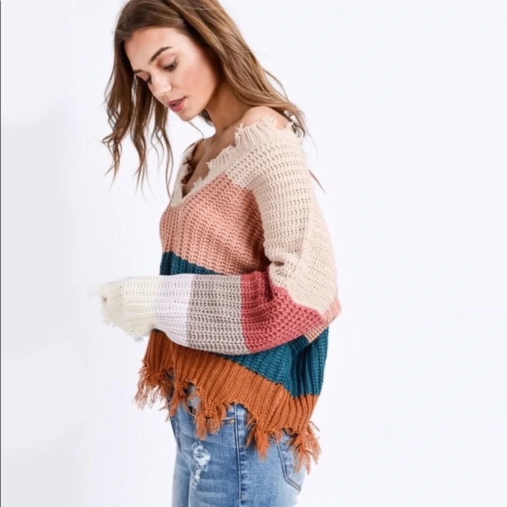 Distressed Color Block Sweater - Picture 3 of 6